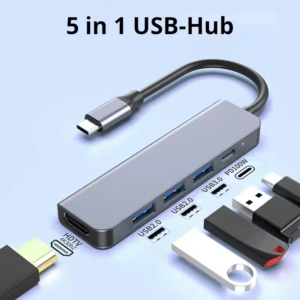 USB-C-Hub 5 in 1 - 1xHDMI (4K30Hz), 1xUSB-C (PD), 3xUSB (Aluminium, silber)